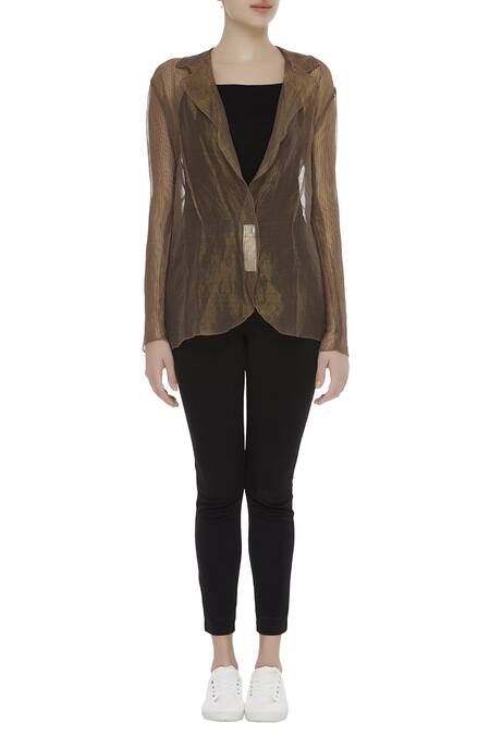 Buy_Urvashi Kaur_Brown Kota Doria Zari Open Neck Silk Sheer Embroidered Jacket _Online_at_Aza_Fashions