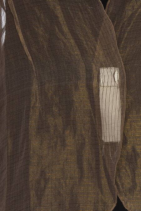 Shop_Urvashi Kaur_Brown Kota Doria Zari Open Neck Silk Sheer Embroidered Jacket _Online_at_Aza_Fashions
