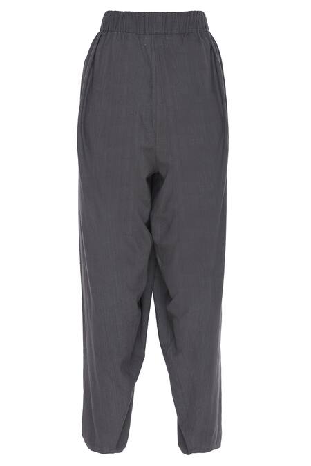 Urvashi Kaur_Charcoal Cotton Draped Slouchy Trouser _Online_at_Aza_Fashions