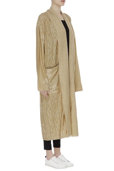 Urvashi Kaur_Beige Beads, Embroidery Open Neck Matka Silk Cutdana And Jacket _Online_at_Aza_Fashions