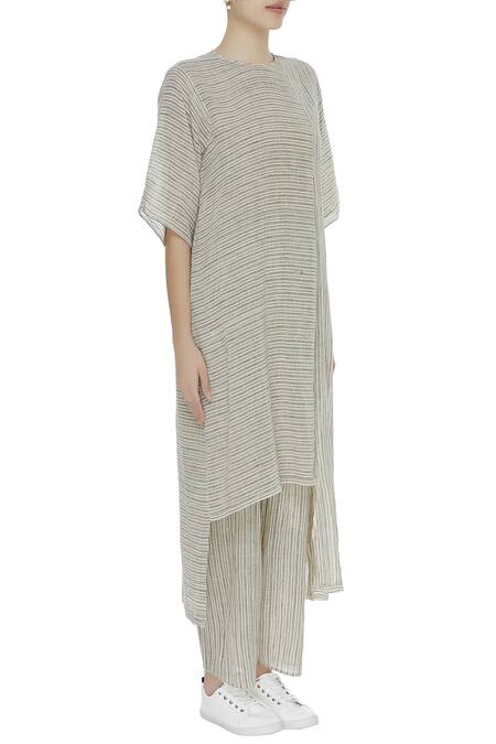 Urvashi Kaur_Beige Cotton Round Neck Striped Boxy Tunic With High-low Hem _Online_at_Aza_Fashions