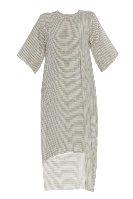 Buy_Urvashi Kaur_Beige Cotton Round Neck Striped Boxy Tunic With High-low Hem _Online_at_Aza_Fashions