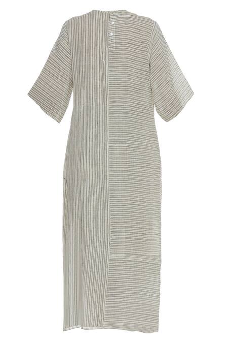 Shop_Urvashi Kaur_Beige Cotton Round Neck Striped Boxy Tunic With High-low Hem _Online_at_Aza_Fashions