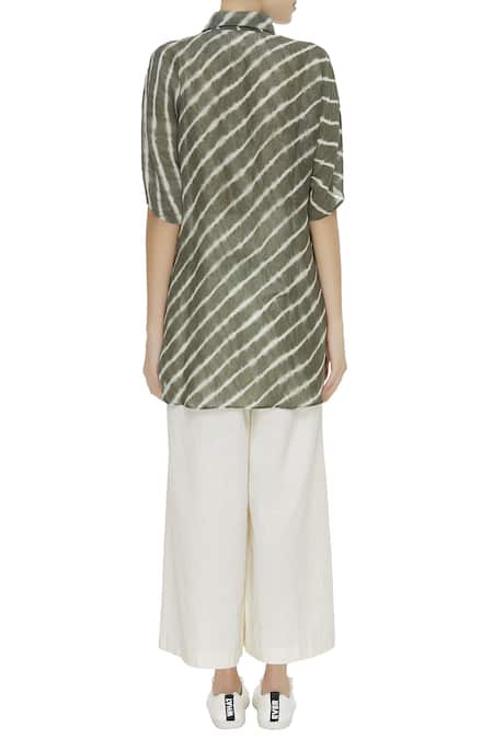 Urvashi Kaur Linen Leheriya Print Half Sleeve Shirt 