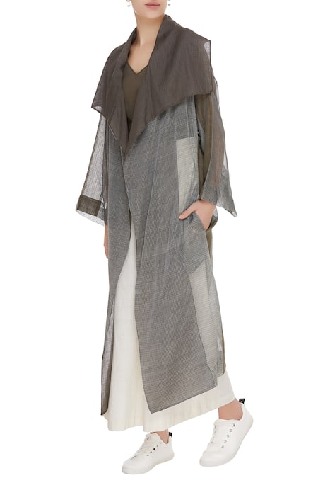 Urvashi Kaur Grey Kota Silk Embellished Beads Round Oversized Jacket