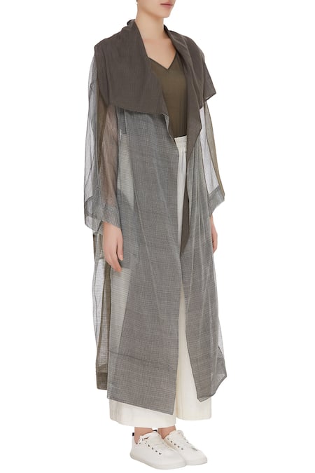 Urvashi Kaur_Gray Kota Doria Shawl Neck Silk Cutdana And Beads Embellished Jacket _Online_at_Aza_Fashions