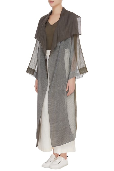 Buy_Urvashi Kaur_Gray Kota Doria Shawl Neck Silk Cutdana And Beads Embellished Jacket _Online_at_Aza_Fashions
