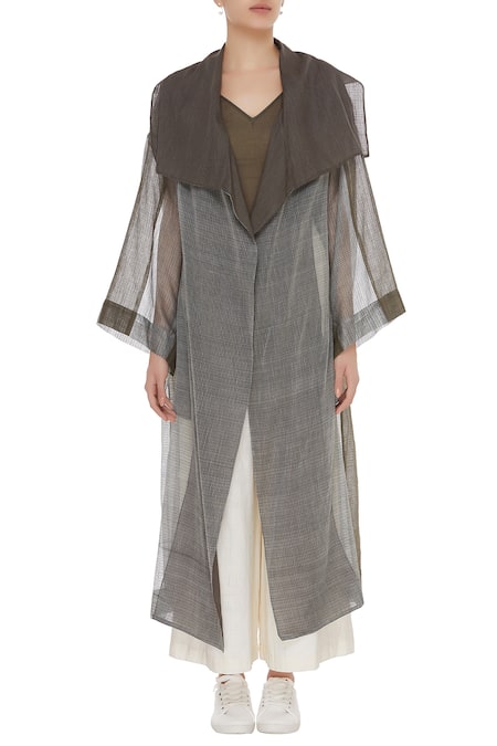 Shop_Urvashi Kaur_Gray Kota Doria Shawl Neck Silk Cutdana And Beads Embellished Jacket _Online_at_Aza_Fashions