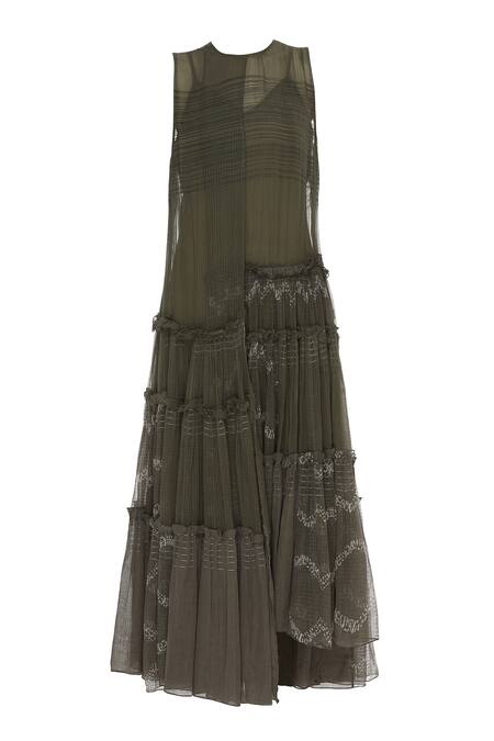 Buy_Urvashi Kaur_Olive Green Kota Doria Embroidery Round Neck Oversized Tiered Gown With Inner _Online_at_Aza_Fashions