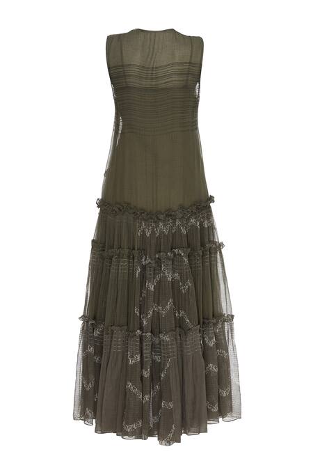 Shop_Urvashi Kaur_Olive Green Kota Doria Embroidery Round Neck Oversized Tiered Gown With Inner _Online_at_Aza_Fashions