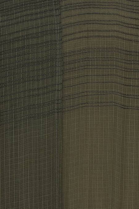 Urvashi Kaur_Olive Green Kota Doria Embroidery Round Neck Oversized Tiered Gown With Inner _at_Aza_Fashions