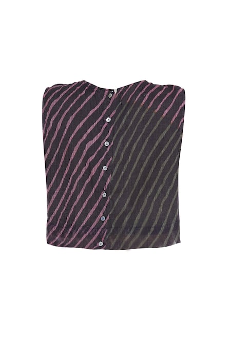 Buy_Urvashi Kaur_Pink Kota Doria Round Neck Leheriya Dye Sleeveless Crop Top _Online_at_Aza_Fashions