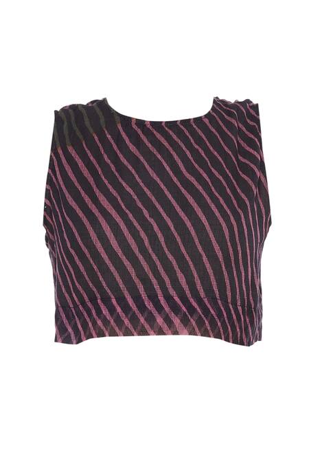 Shop_Urvashi Kaur_Pink Kota Doria Round Neck Leheriya Dye Sleeveless Crop Top _Online_at_Aza_Fashions