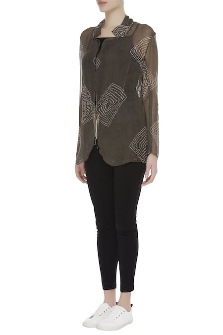 Buy_Urvashi Kaur_Gray Cotton Beads Round Neck Shibori Dyed Sheer Cutdana And Jacket _Online_at_Aza_Fashions