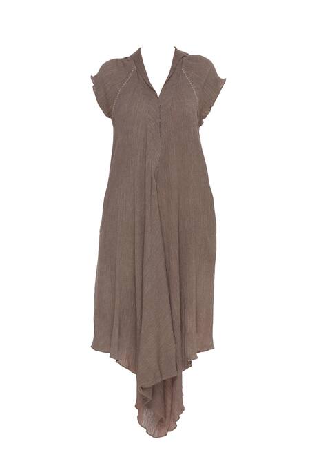 Buy_Urvashi Kaur_Brown Crinkle, Cotton Embroidery Collared, V-neck Asymmetric Tunic _Online_at_Aza_Fashions