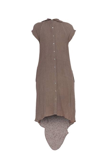 Shop_Urvashi Kaur_Brown Crinkle, Cotton Embroidery Collared, V-neck Asymmetric Tunic _Online_at_Aza_Fashions