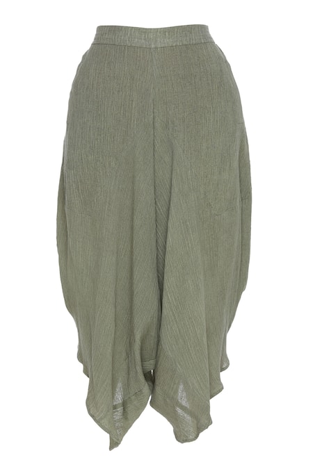 Shop_Urvashi Kaur_Green Crinkle Cotton Embroidered Beads Round Draped Pants _at_Aza_Fashions