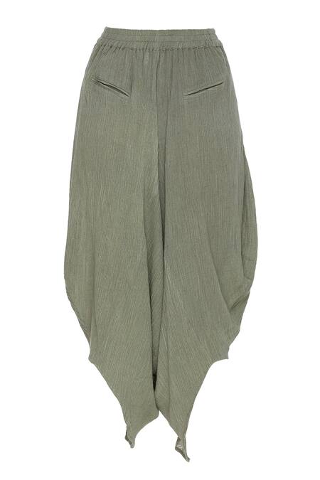 Urvashi Kaur_Green Crinkle Cotton Embroidered Beads Round Draped Pants _Online_at_Aza_Fashions