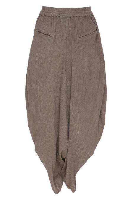 Urvashi Kaur_Brown Crinkle, Cotton Draped Cropped Pant _Online_at_Aza_Fashions