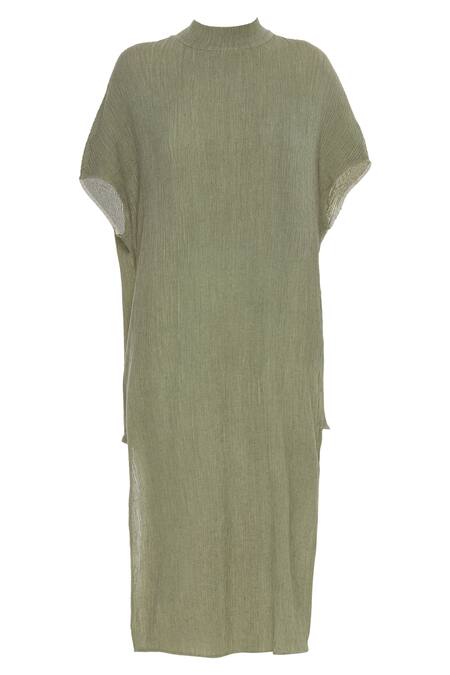 Buy_Urvashi Kaur_Green Cotton High Neck Crinkle Tunic With Slits _Online_at_Aza_Fashions