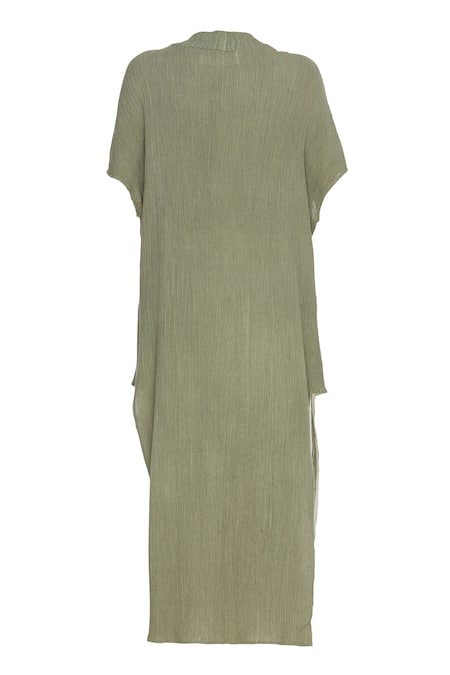 Shop_Urvashi Kaur_Green Cotton High Neck Crinkle Tunic With Slits _Online_at_Aza_Fashions
