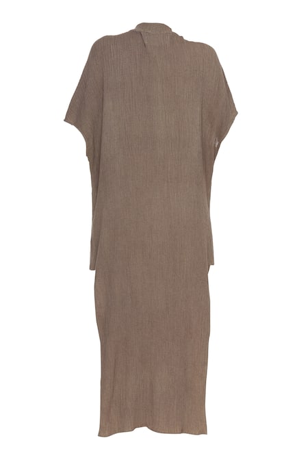 Buy_Urvashi Kaur_Brown Crinkle, Cotton High Neck Tunic _Online_at_Aza_Fashions