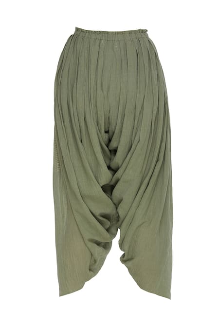 Urvashi Kaur_Olive Green Cotton Pleated Draped Cropped Pant _Online_at_Aza_Fashions
