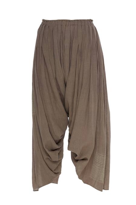 Urvashi Kaur_Brown Cotton Pleated Draped Cropped Pant _Online_at_Aza_Fashions