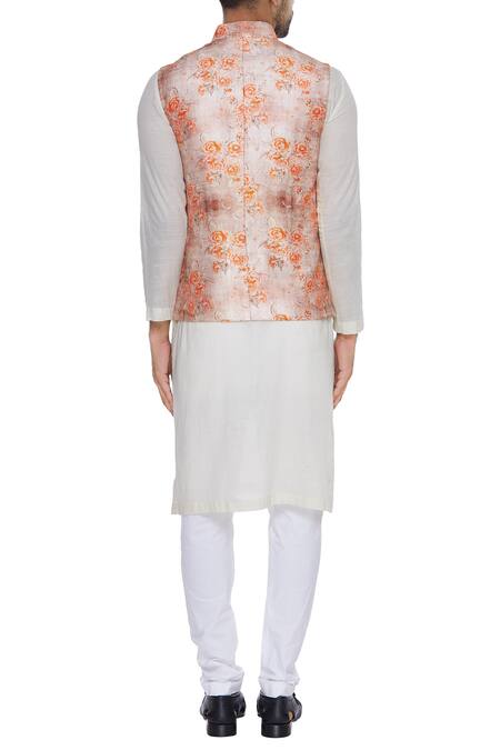 Shop_Nautanky_Orange Thai Silk Print Rose Nehru Jacket _at_Aza_Fashions