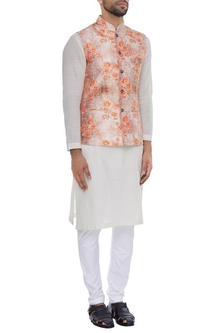 Nautanky_Orange Thai Silk Print Rose Nehru Jacket _Online_at_Aza_Fashions
