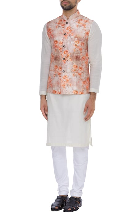 Buy_Nautanky_Orange Thai Silk Print Rose Nehru Jacket _Online_at_Aza_Fashions