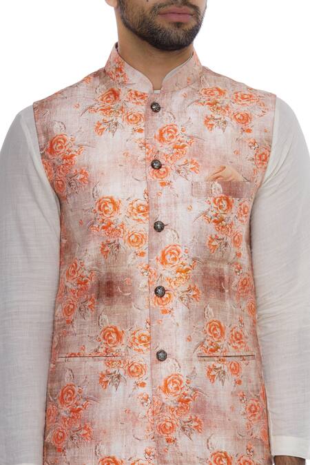 Shop_Nautanky_Orange Thai Silk Print Rose Nehru Jacket _Online_at_Aza_Fashions