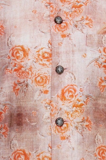 Nautanky_Orange Thai Silk Print Rose Nehru Jacket _at_Aza_Fashions