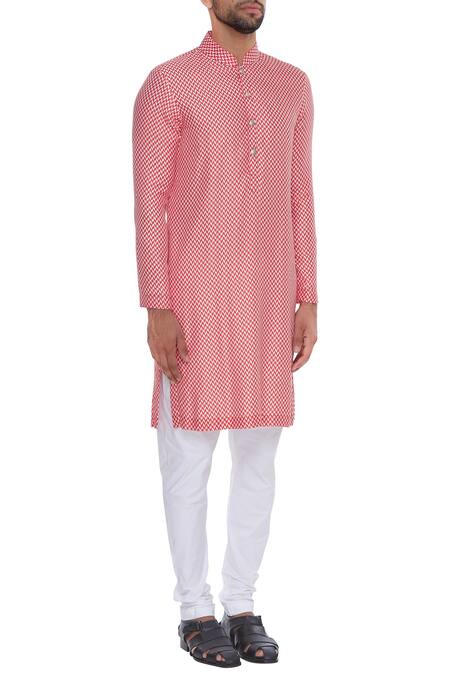 Nautanky_Red , Twill Herringbone Printed Kurta With Churidar _Online_at_Aza_Fashions