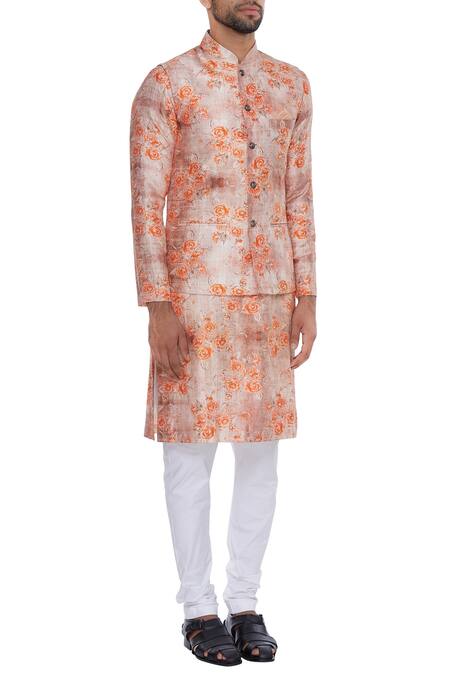 Nautanky_Orange Cotton, Thai Silk Rose Print Bundi And Kurta Set _Online_at_Aza_Fashions