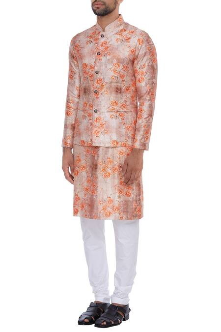 Buy_Nautanky_Orange Cotton, Thai Silk Rose Print Bundi And Kurta Set _Online_at_Aza_Fashions