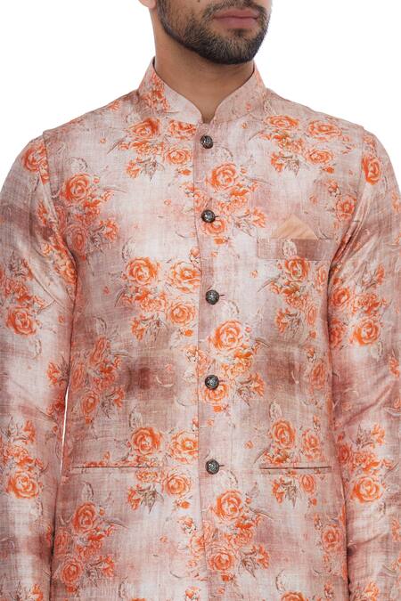 Shop_Nautanky_Orange Cotton, Thai Silk Rose Print Bundi And Kurta Set _Online_at_Aza_Fashions