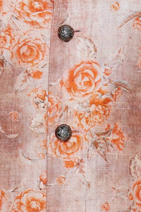 Nautanky_Orange Cotton, Thai Silk Rose Print Bundi And Kurta Set _at_Aza_Fashions
