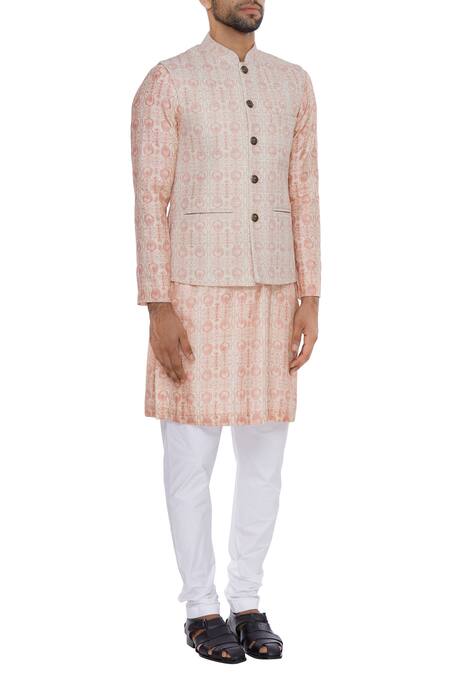 Nautanky_Pink Cotton, Thai Silk Vintage Coin Print Bundi Kurta Set _Online_at_Aza_Fashions