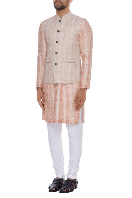Buy_Nautanky_Pink Cotton, Thai Silk Vintage Coin Print Bundi Kurta Set _Online_at_Aza_Fashions
