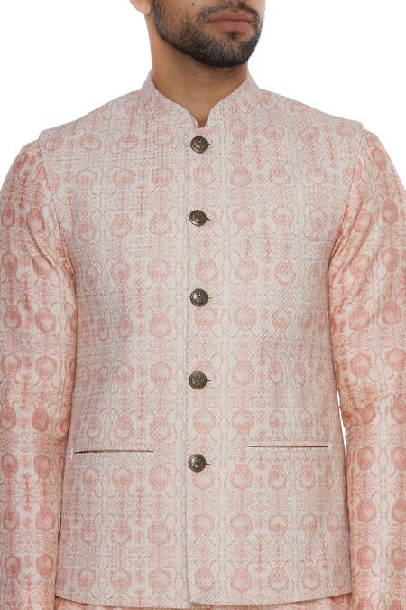 Shop_Nautanky_Pink Cotton, Thai Silk Vintage Coin Print Bundi Kurta Set _Online_at_Aza_Fashions