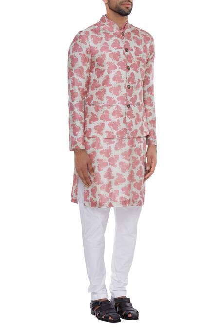 Nautanky_Pink Cotton, Thai Silk Rose Print Bundi Kurta Set _Online_at_Aza_Fashions