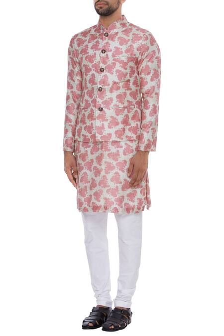 Buy_Nautanky_Pink Cotton, Thai Silk Rose Print Bundi Kurta Set _Online_at_Aza_Fashions
