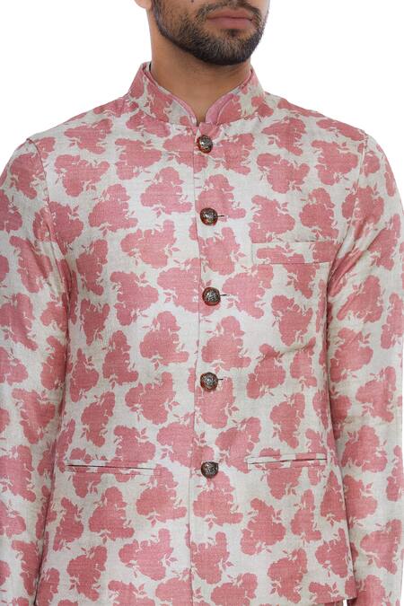 Shop_Nautanky_Pink Cotton, Thai Silk Rose Print Bundi Kurta Set _Online_at_Aza_Fashions