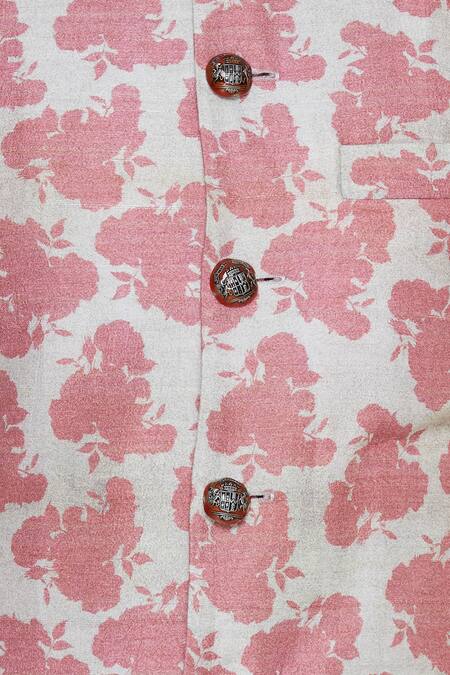 Nautanky_Pink Cotton, Thai Silk Rose Print Bundi Kurta Set _at_Aza_Fashions