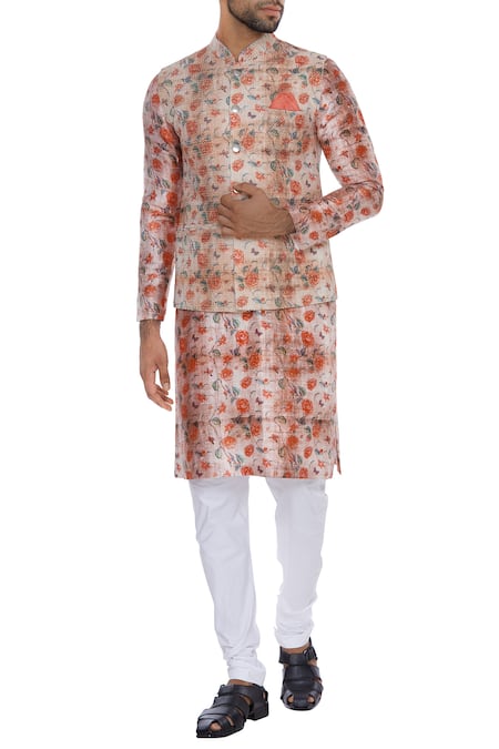 Nautanky Rose Printed Kurta With Nehru Jacket & Churidar 