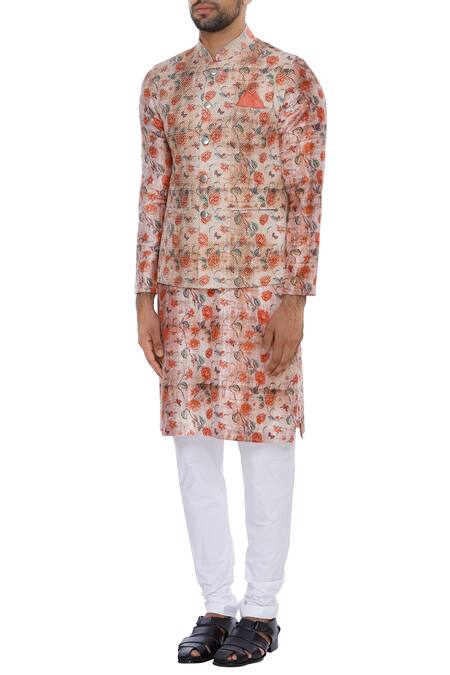 Buy_Nautanky_Multi Color Cotton, Thai Silk Rose Printed Kurta With Nehru Jacket And Churidar _Online_at_Aza_Fashions