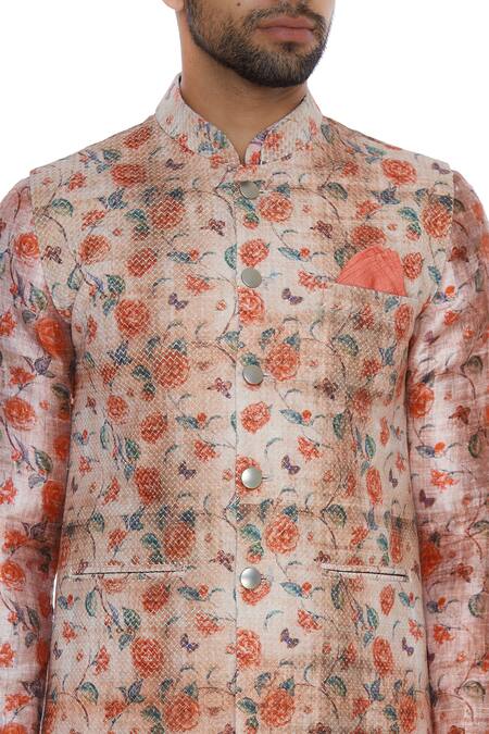 Shop_Nautanky_Multi Color Cotton, Thai Silk Rose Printed Kurta With Nehru Jacket And Churidar _Online_at_Aza_Fashions