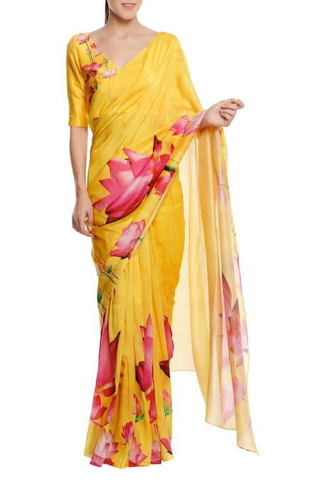 Masaba Yellow Chanderi Lotus Floral Printed Saree With Blouse Piece