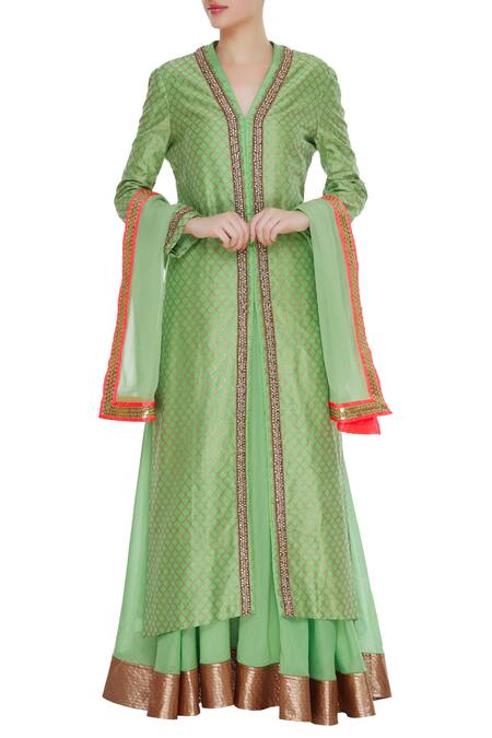 Kommal Sood Green Pure Chanderi Silk Long Jacket With Skirt And Dupatta